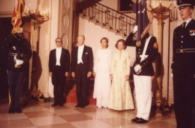 The Shah of Iran, President Ford, the Shahbanou of Iran and Betty Ford participate in a formal pose during a State Dinner. - 5/15/1975