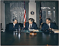 Meeting with the Shah of Iran. Mohammad Reza Shah Pahlavi, President Kennedy, Secretary of Defense Robert McNamara. White House, Cabinet Room, 04/13/1962 - ARC Identifier: 194206. 

