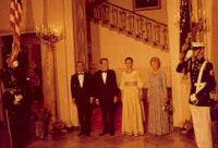 The Shah of Iran, President Nixon, the Shahbanou of Iran and Patricia Nixon participate in a formal pose during a State Dinner 07/24/1973